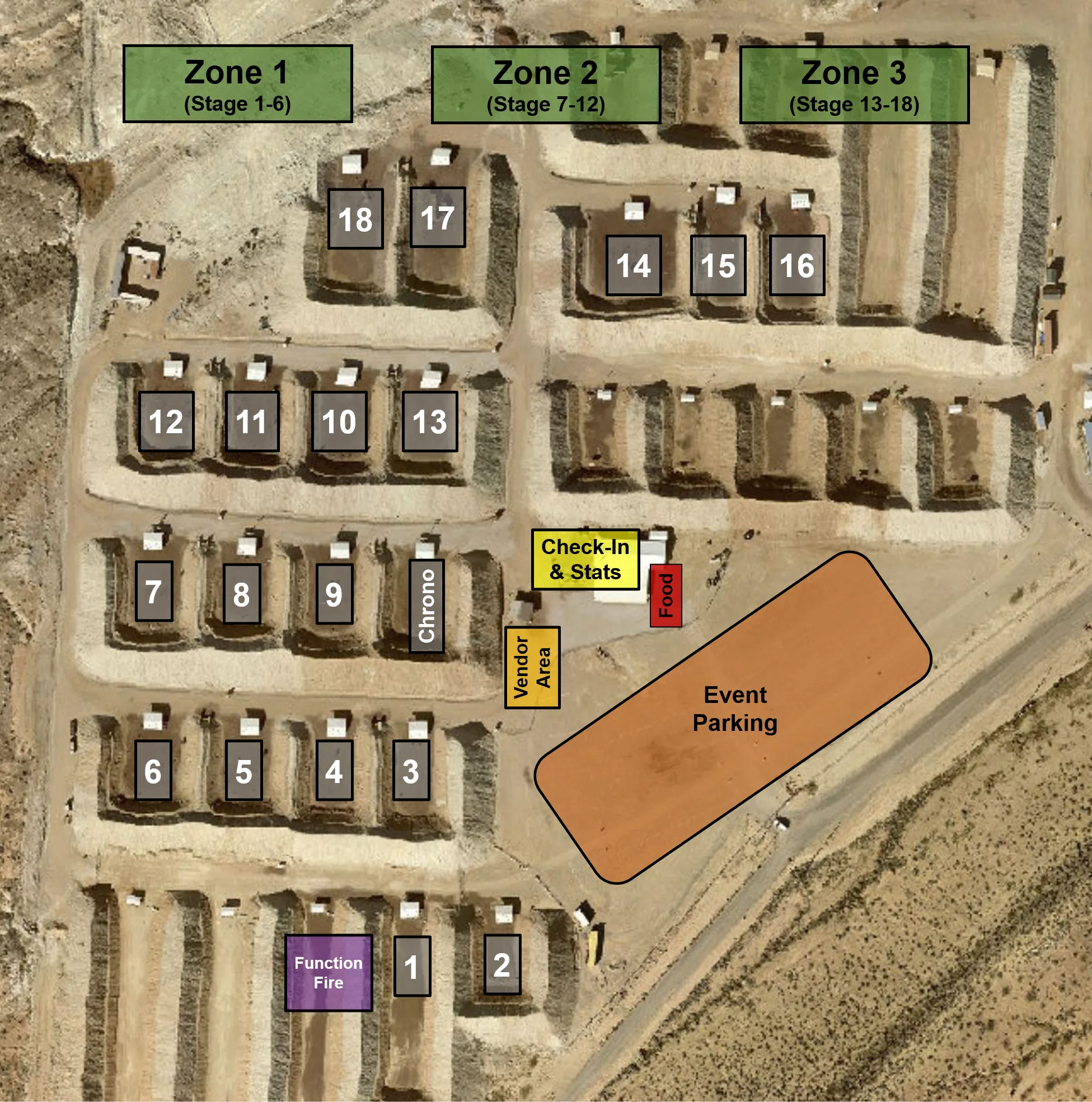 Southern Utah Practical Shooters range layout: 18 stage bays in three zones, with the chrono bay, function fire bay, vendor area, food, check-in and stats, and event parking